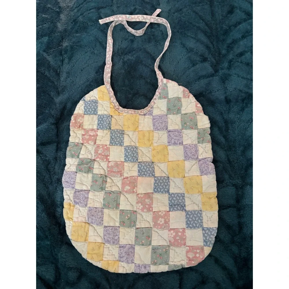 Vintage Handmade Quilted Patchwork Baby Bib Pastel Floral Multi Color Tie Neck